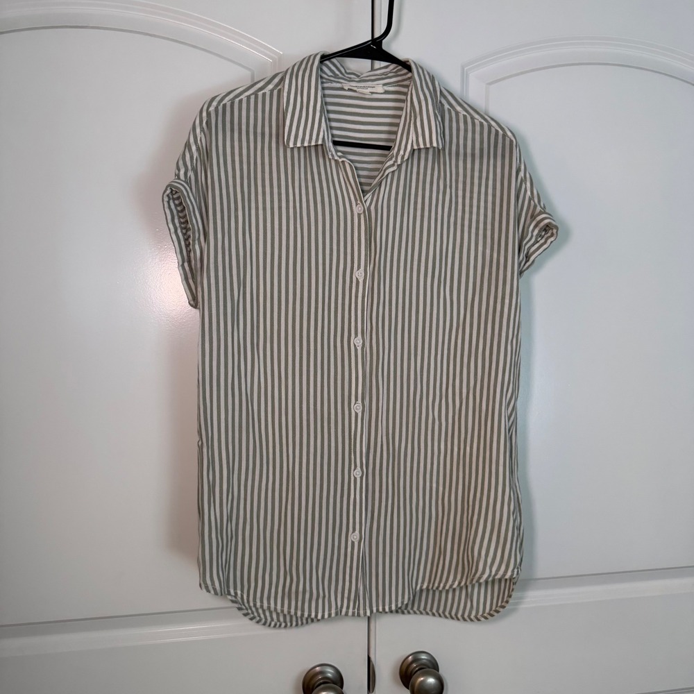Beachlunchlounge Striped Button Down Shirt Womens Small Olive Green White Short